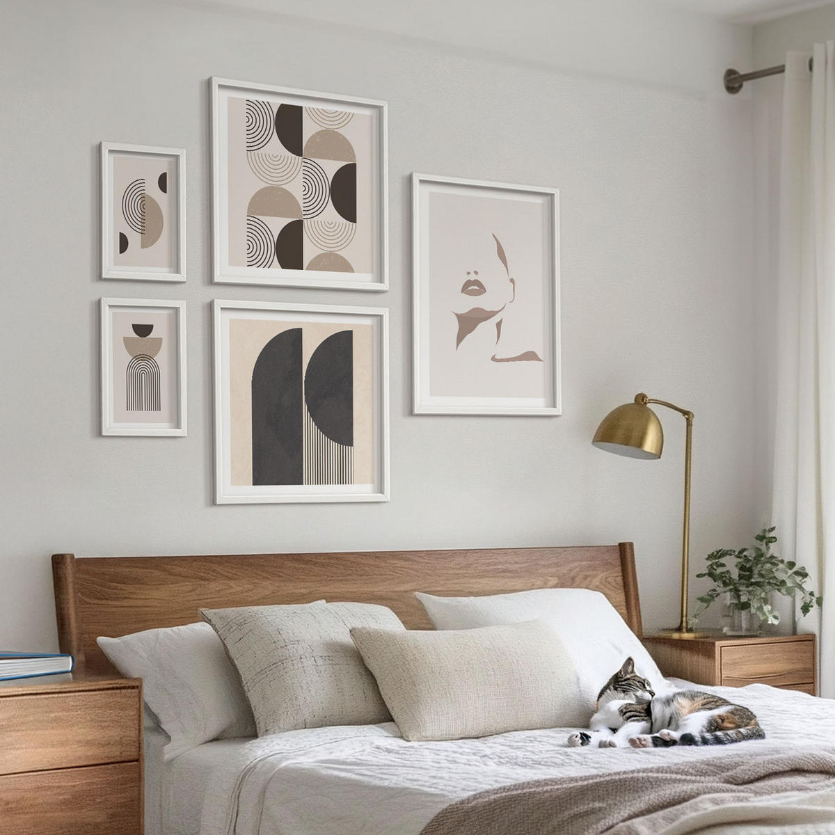 BILDER SET 5er Set - 50x50 cm & 20x30 cm & 40x60 cm Weißer Rahmen - Abstrakte Gesichtsformen - Weiß, Kunststoff (40/60cm) - TULUP