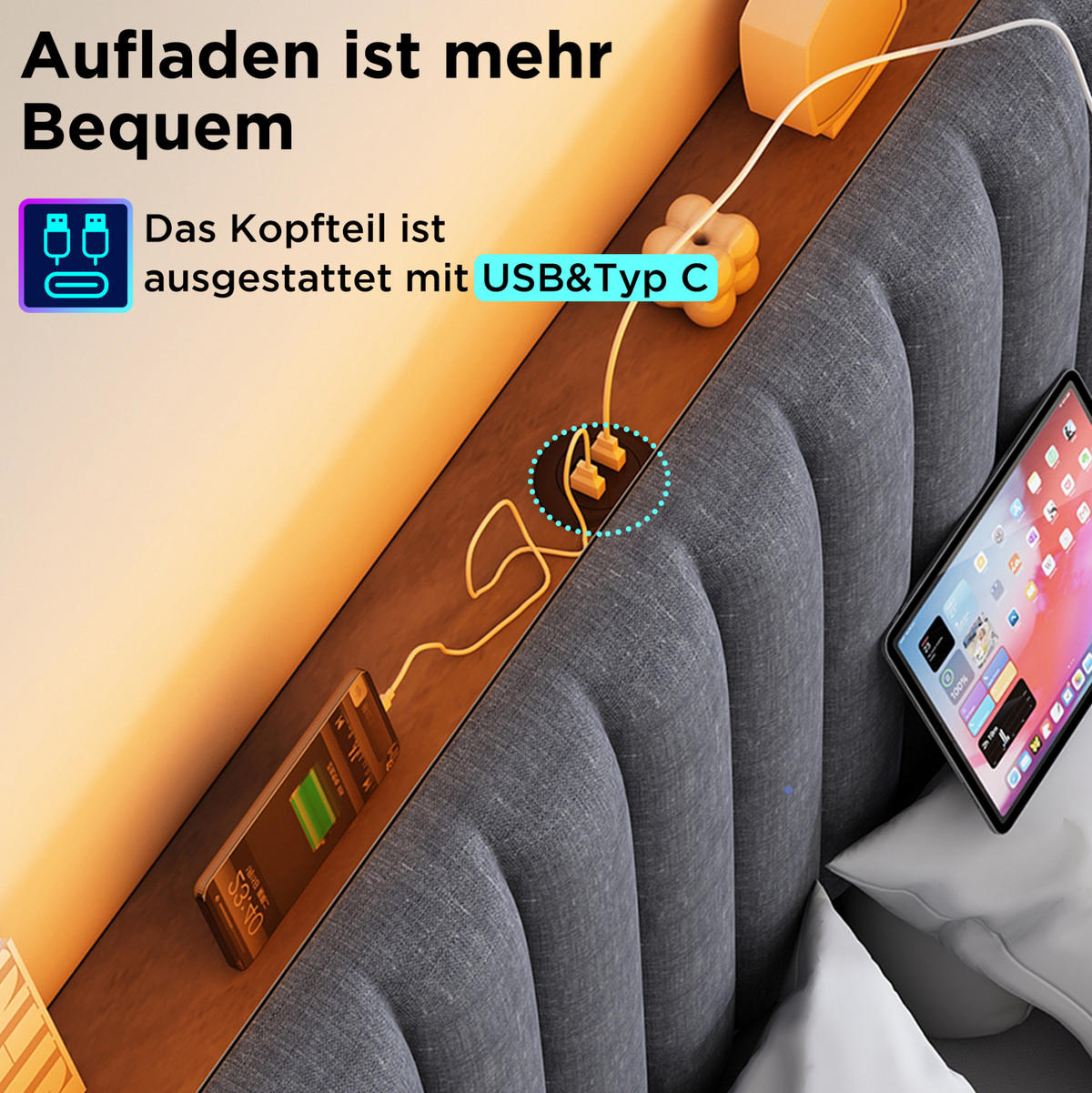 POLSTERBETT 140/200 cm Grau aus Leinen mit LED-Kopfteil - Grau, Textil (140/200cm) - OKMYHOME