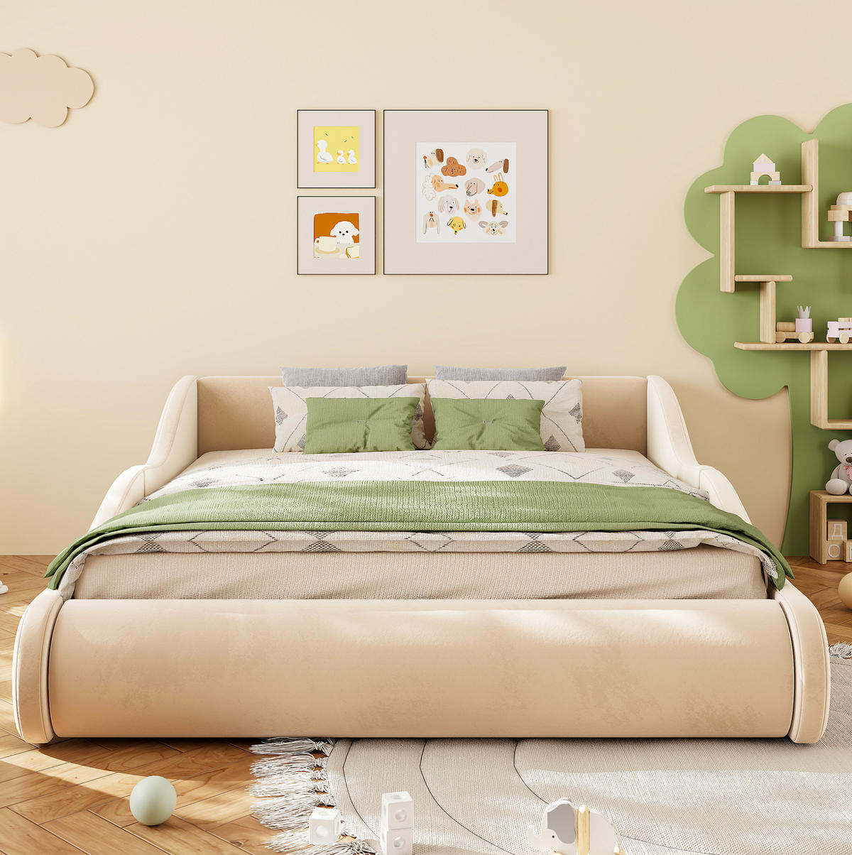 POLSTERBETT 140/200 cm in Beige mit Samtbezug und Seitenschutzgittern - Beige, Textil (140/200cm) - Flora Grace