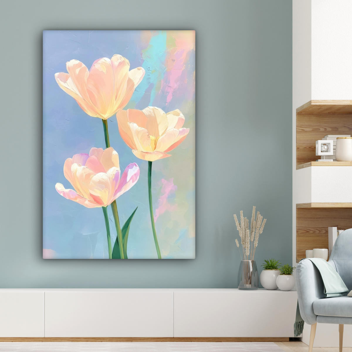 LEINWANDBILD Tulpen - Rosa Akzente - Blau Deko Groß 90x140 cm - Pastellblau, Textil (90/140cm) - MuchoWow