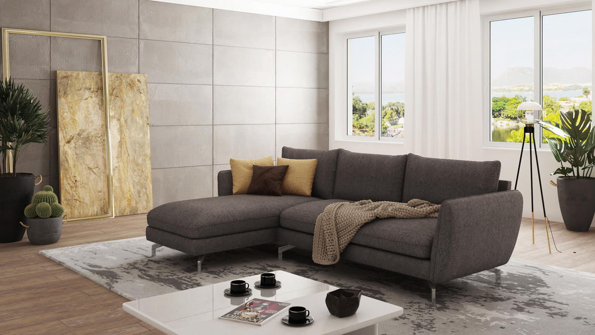 ECKSOFA Elou Braun - Khaki Microfaser - Chromfarben/Dunkelbraun, Holz/Textil (261/167cm) - S-Style Möbel