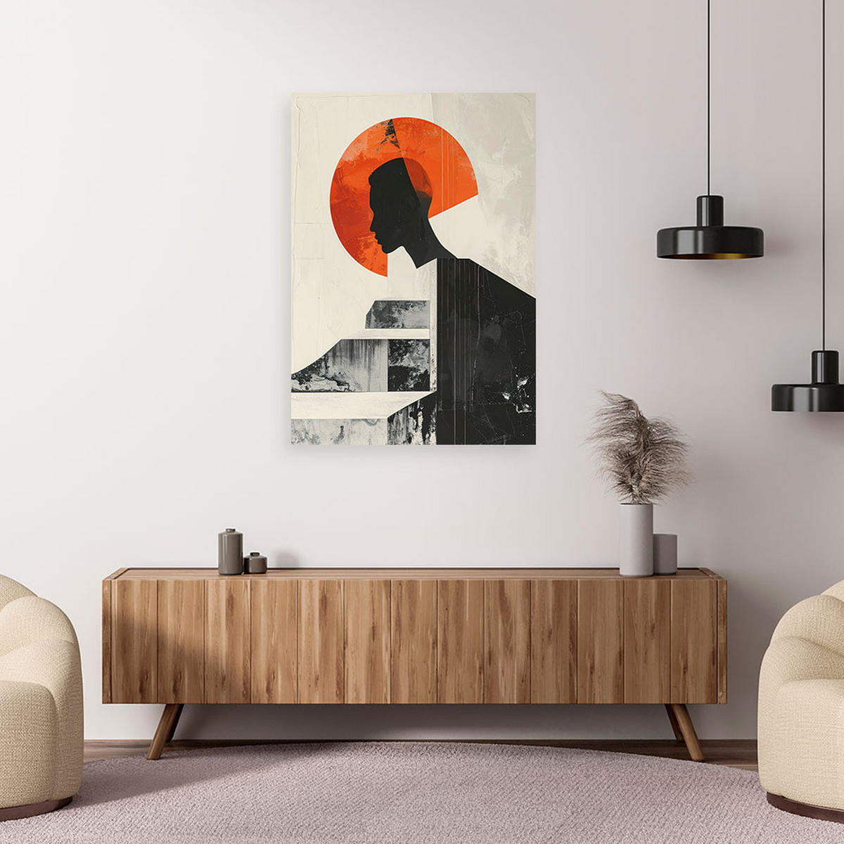 BILD auf Leinwand, Minimalistische Silhouette eines Mannes mit einer orangefarbenen Sonne - Orange, Textil (60/90cm) - Feeby