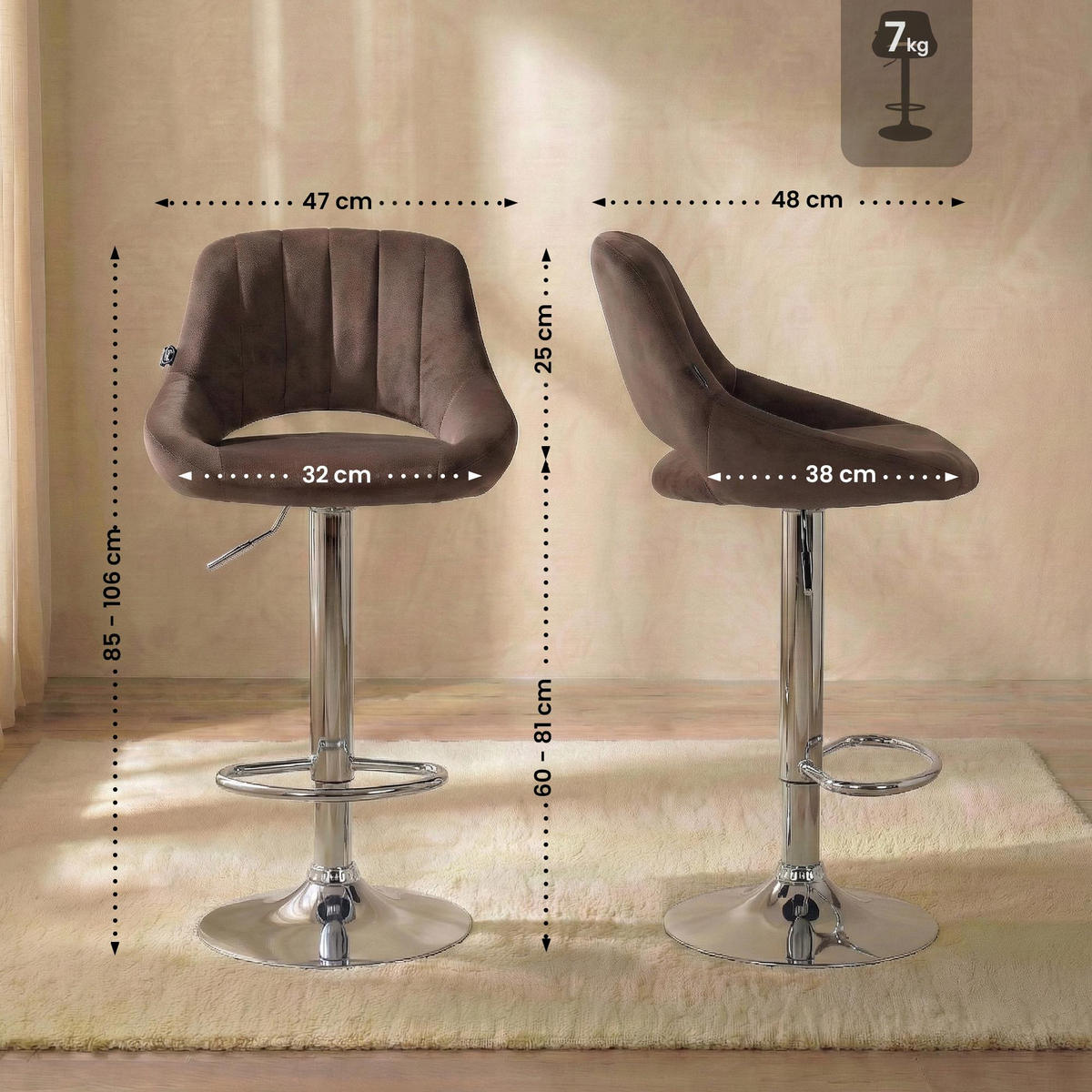 BARHOCKER Samt Braun - Chromfarben/Braun, Textil/Metall (47/85/48cm) - CLP