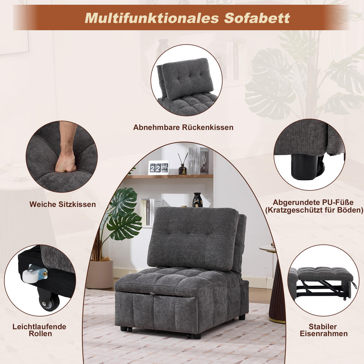 SCHLAFSESSEL, Stoff mit Ausziehfunktion & 3-fach verstellbarer Rückenlehne, 68/95/76 cm, Grau - Grau, Textil (68/76/95cm) - Redom