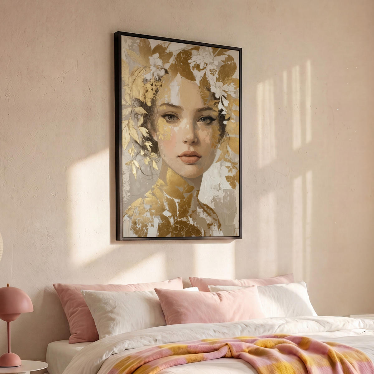 LEINWAND Bilder mit Rahmen - Gesicht - Frau - Blätter - Gold - 80x120 - Beige, Textil (80/120cm) - MuchoWow