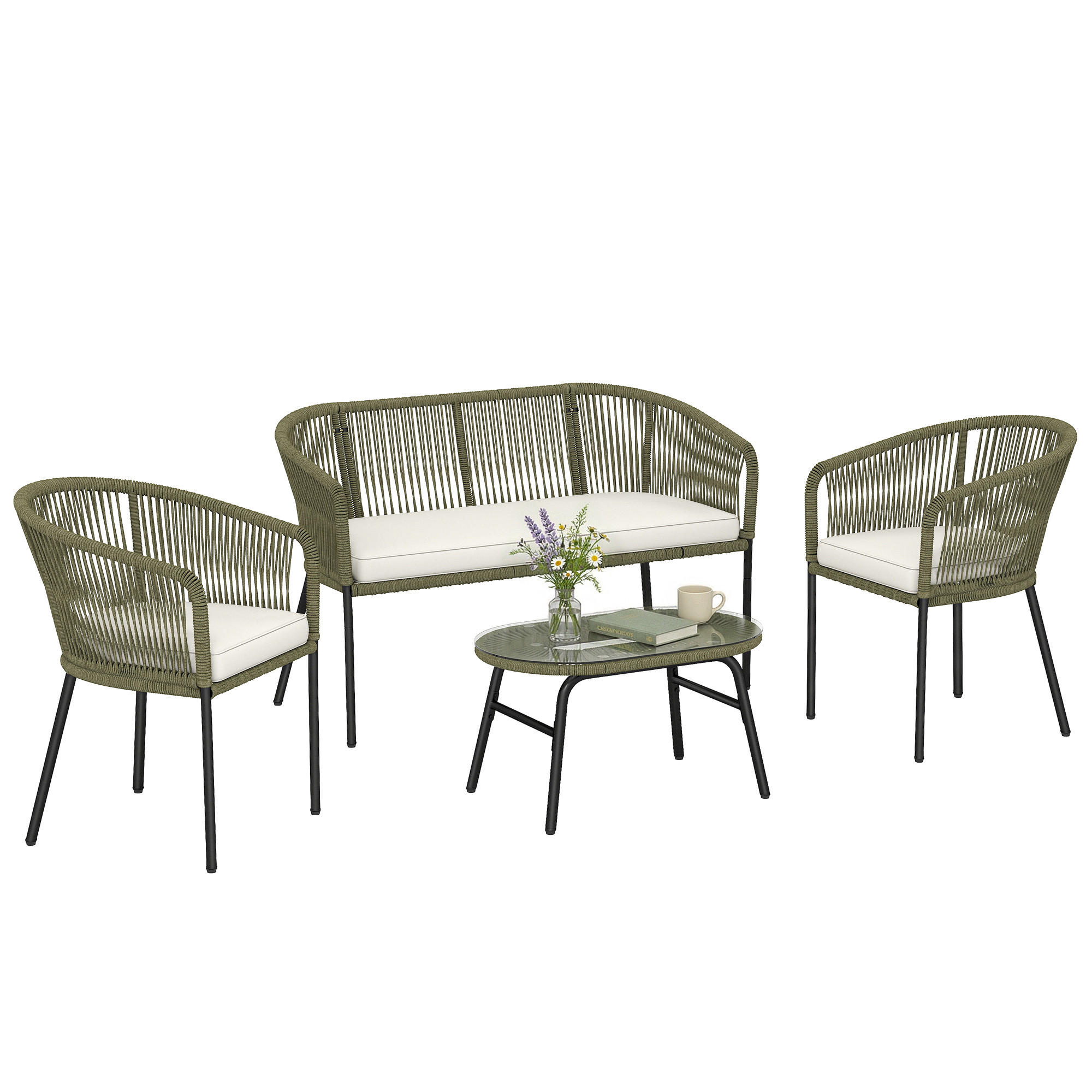 GARTENLOUNGE-SET Creme Stahl 4-teilig mit Kissen - Creme, Holzwerkstoff - PANGIVO