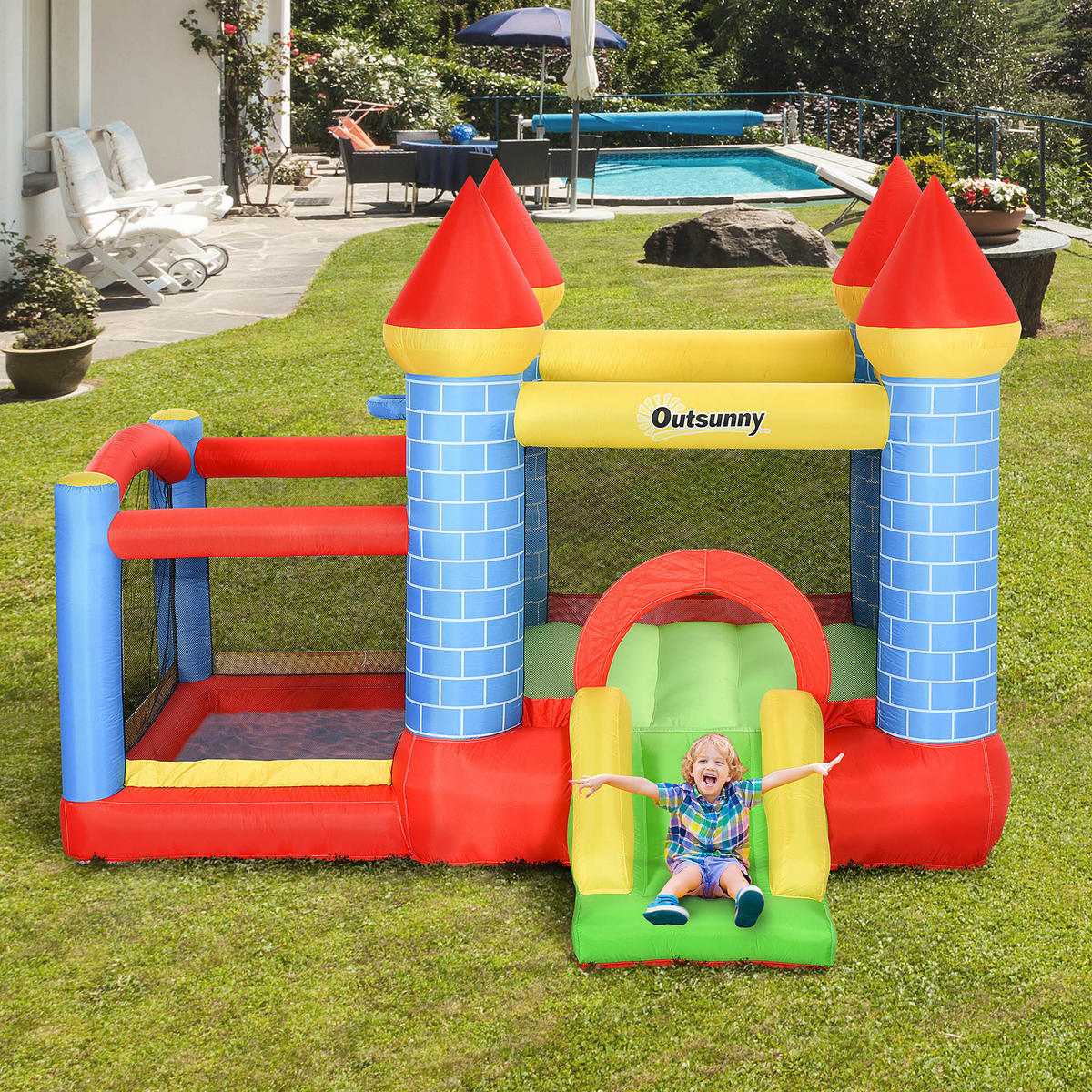 AUFBLASBARE Hüpfburg mit Rutsche Pool für 3 Kinder Burg mit Gebläse - Rot, Kunststoff (280/260/210cm) - Outsunny