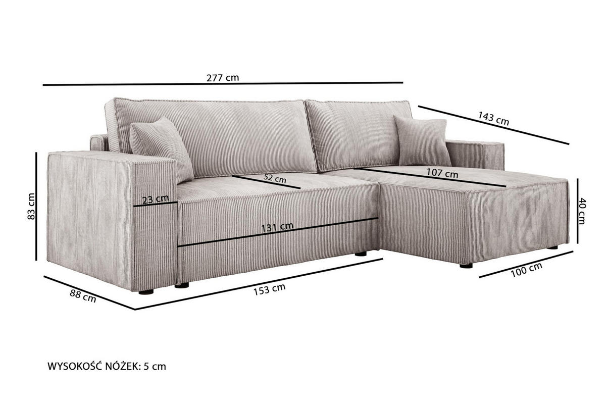 ECKSOFA POSO XL UNIVERSAL, Schlaffunktion und Lattenrost - L-Form, Cord, Federung auf Wellfedern, 274x143x83 cm, Links Light rose - Hellrosa, Holz/Textil (277/143cm) - DomoHome