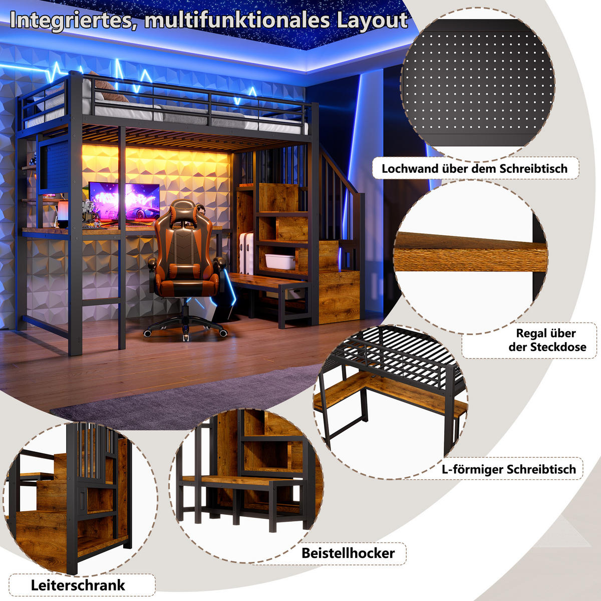 HOCHBETT 90/200 cm Schwarz mit Schreibtisch, trapezförmiger Schrank und LED-Beleuchtung - Schwarz, Metall (90/200cm) - Oxeza