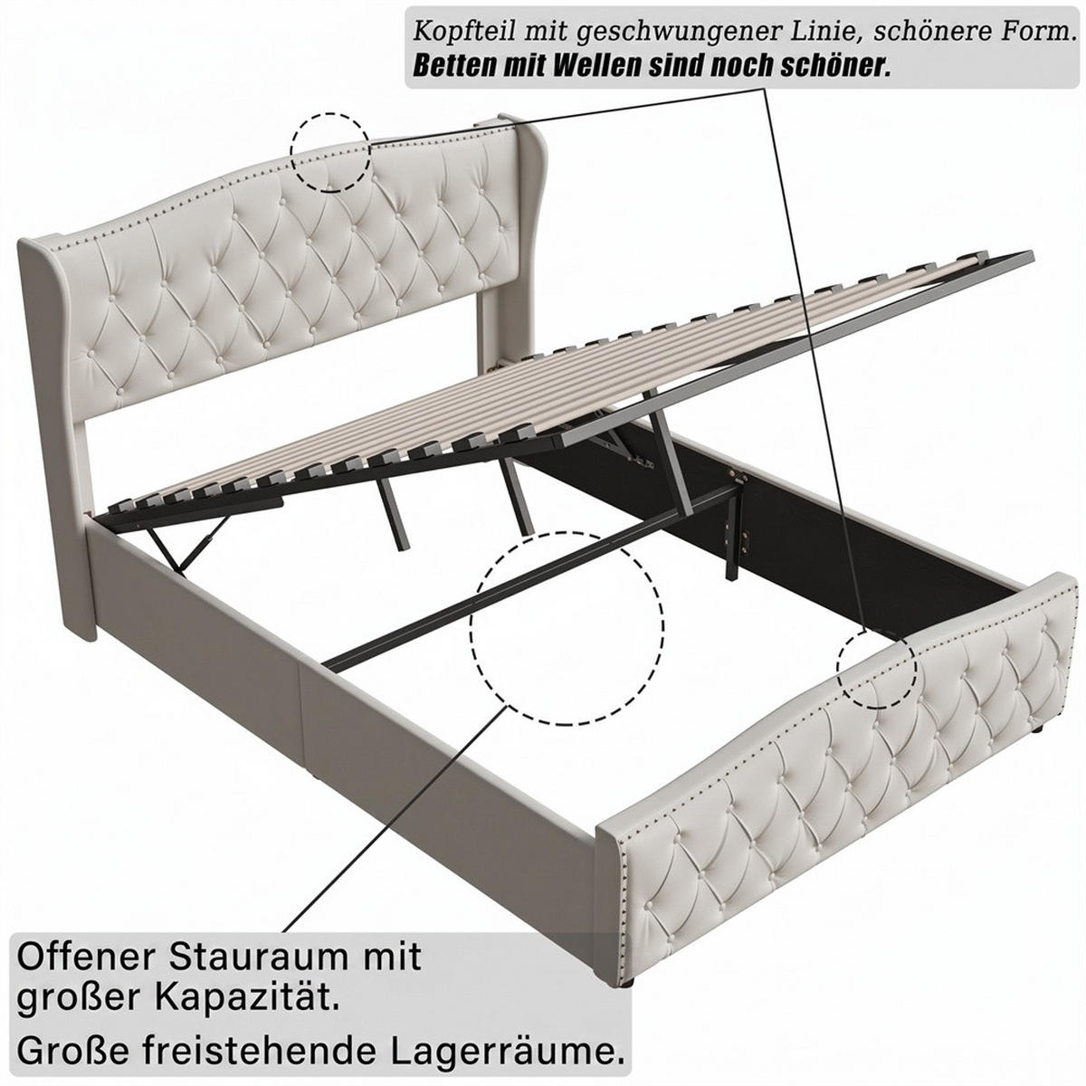 POLSTERBETT 140x200 cm mit hydraulischem Stauraum - Kopfteil und Fußteil im Wellendesign mit Nieten-Dekor - Cremeweiß - Creme, Textil (140/200cm) - DELFA