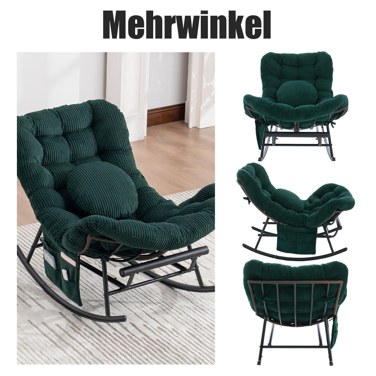 SCHAUKELSTUHL mit Fußstütze,Schaukelsessel XXL Rattanstuhl mit Kissen, Cord, Dunkelgrün - Grün, Textil (90/78/150cm) - LVHOM