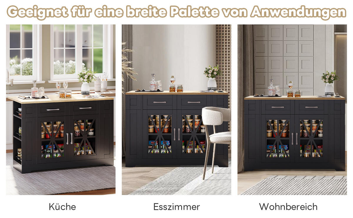 KÜCHENINSEL 120 cm klappbar mit USB, Glastür und Rollen - Schwarz, Holzwerkstoff (120/92/65cm)