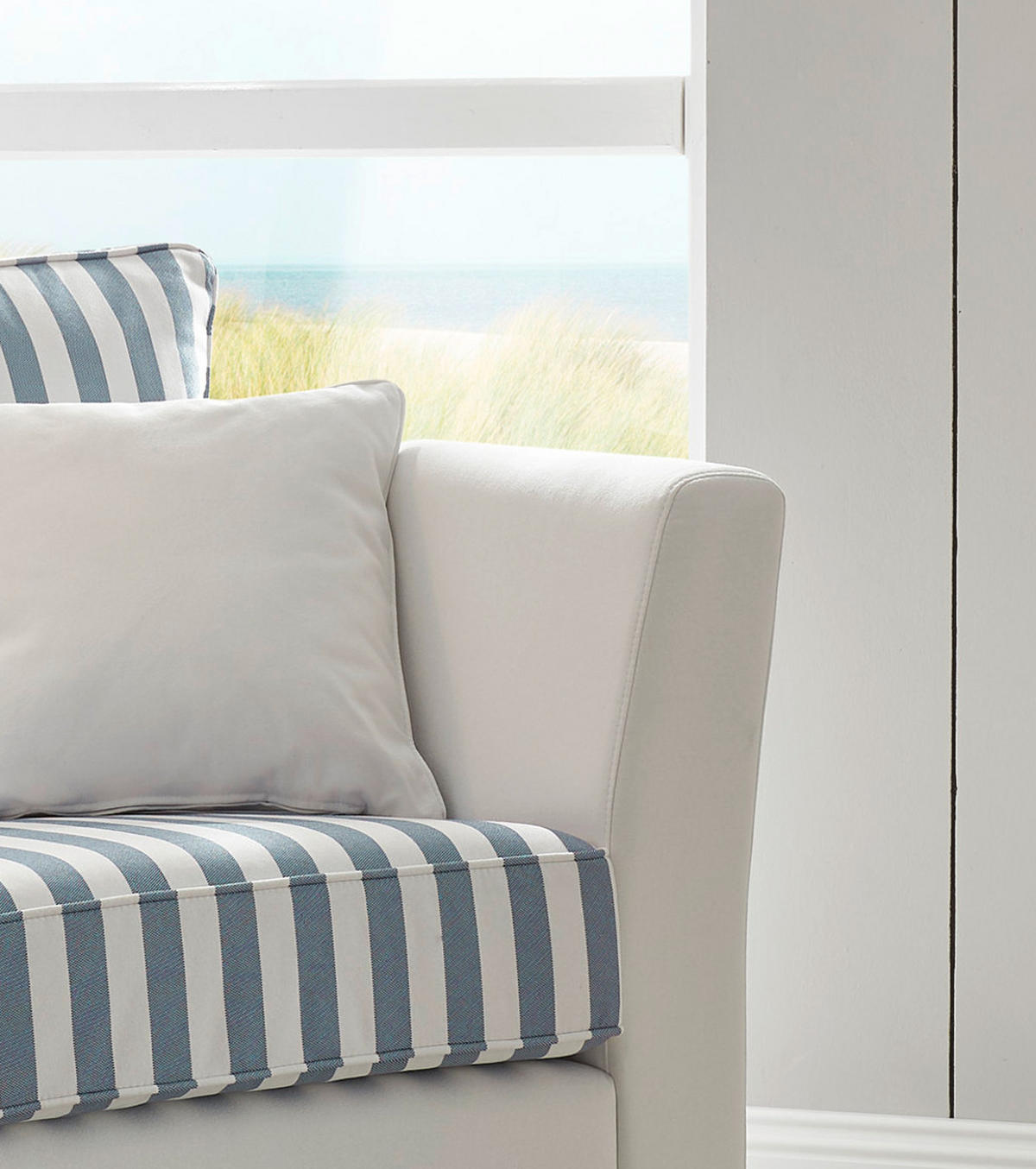 SESSEL creme blau gestreift, Landhaus 95 cm, Loungesessel für das Wohnzimmer inklusive Kissen - Blau/Creme, Holz/Textil (95/88/96cm) - Furn.Design