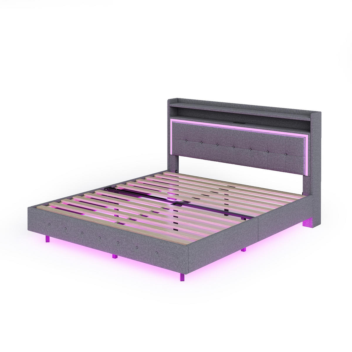 POLSTERBETT 140/200 cm grau mit USB-Steckdose und LED-Beleuchtung - Grau, Textil (140/200cm) - OKWISH