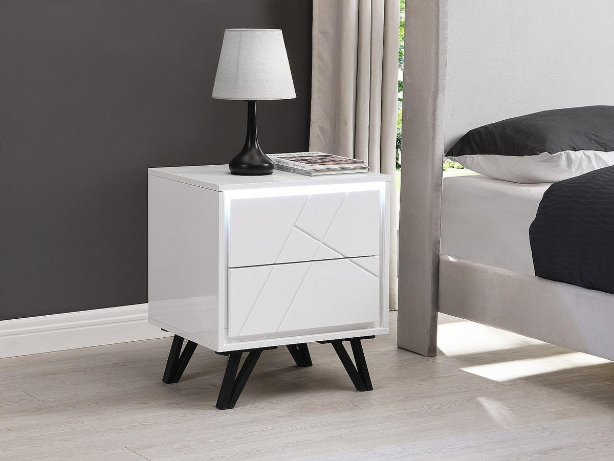 NACHTTISCH mit 2 Schubladen & LED-Beleuchtung aus MDF - Weiß lackiert - SALIANO - Weiß, Holz (48/55/40cm) - Vente-Unique