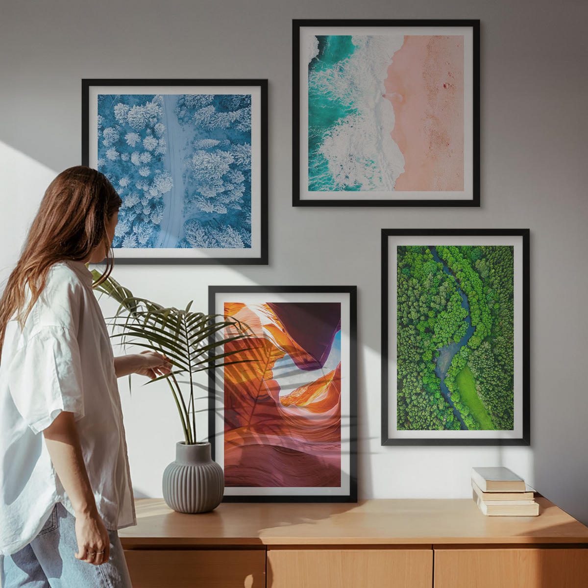 WANDBILDER 4er-Set - 50x50 cm & 40x60 cm Schwarzer Rahmen - Grün der Wasserschlucht im Winter - Schwarz, Kunststoff (50/50cm) - ArtPrintCave