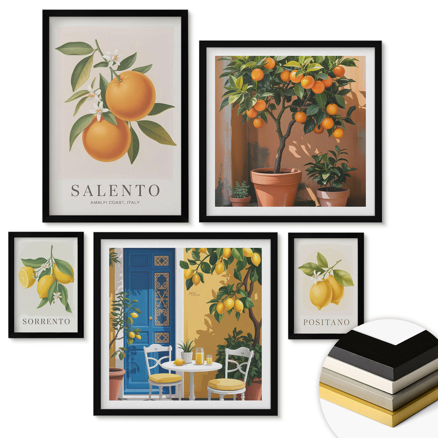 WANDBILDER 5er-Set - 50x50 cm & 20x30 cm & 40x60 cm Schwarzer Rahmen - Zitronenorange Blütenmuster - Schwarz, Kunststoff (40/60cm) - ArtPrintCave