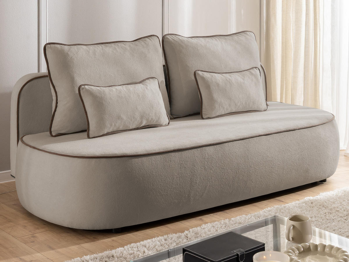 KINDERSOFA Vero im modernen und abgerundeten Design mit Schlaffunktion und Bettkasten aus Taupe Plüschstoff mit brauner Paspel - Taupe/Schwarz, Holz/Kunststoff (210/90/98cm) - S-Style Möbel