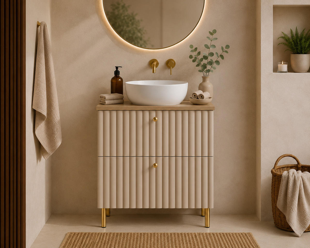 BADEZIMMERSCHRANK: Kaschmir / Platte Helle Eiche / Griffe Gold / Beine Gold, 60 x 44,4 x 73,6 cm - Kaschmir/Goldfarben, Holzwerkstoff (60/73.6/44.4cm) - 3XE LIVING