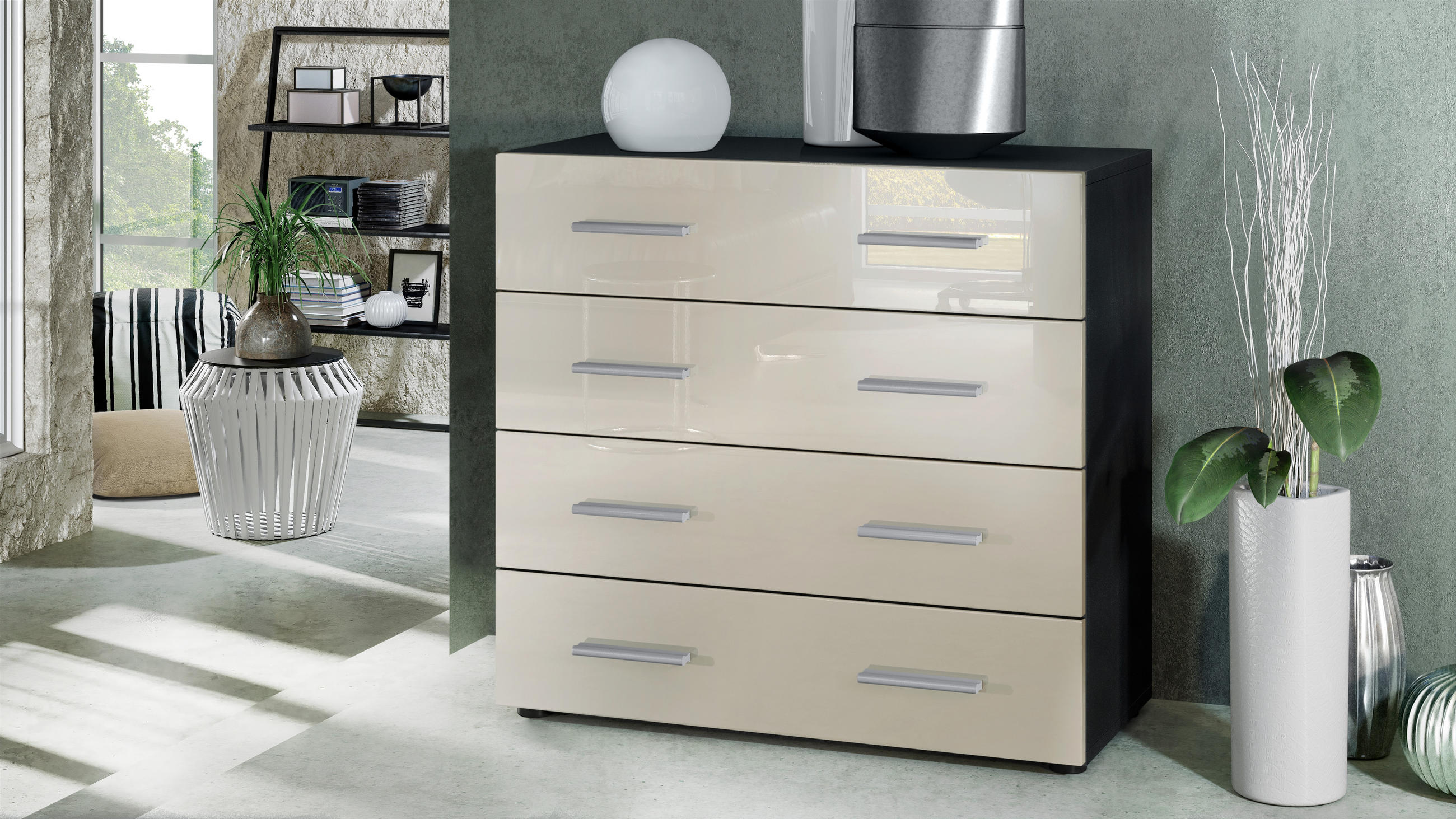 KOMMODE Pavos Creme Hochglanz - Creme, Holzwerkstoff (76/72/35cm) - Vladon
