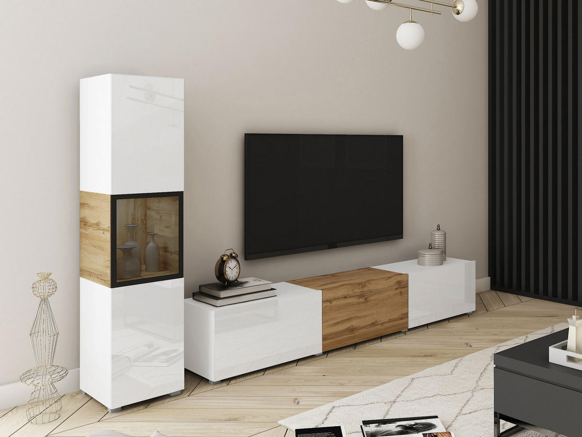 WOHNWAND Berlin I - Weiß Hochglanz/Eiche Wotan, Holzwerkstoff/Kunststoff (180/30/33cm) - MIRJAN24