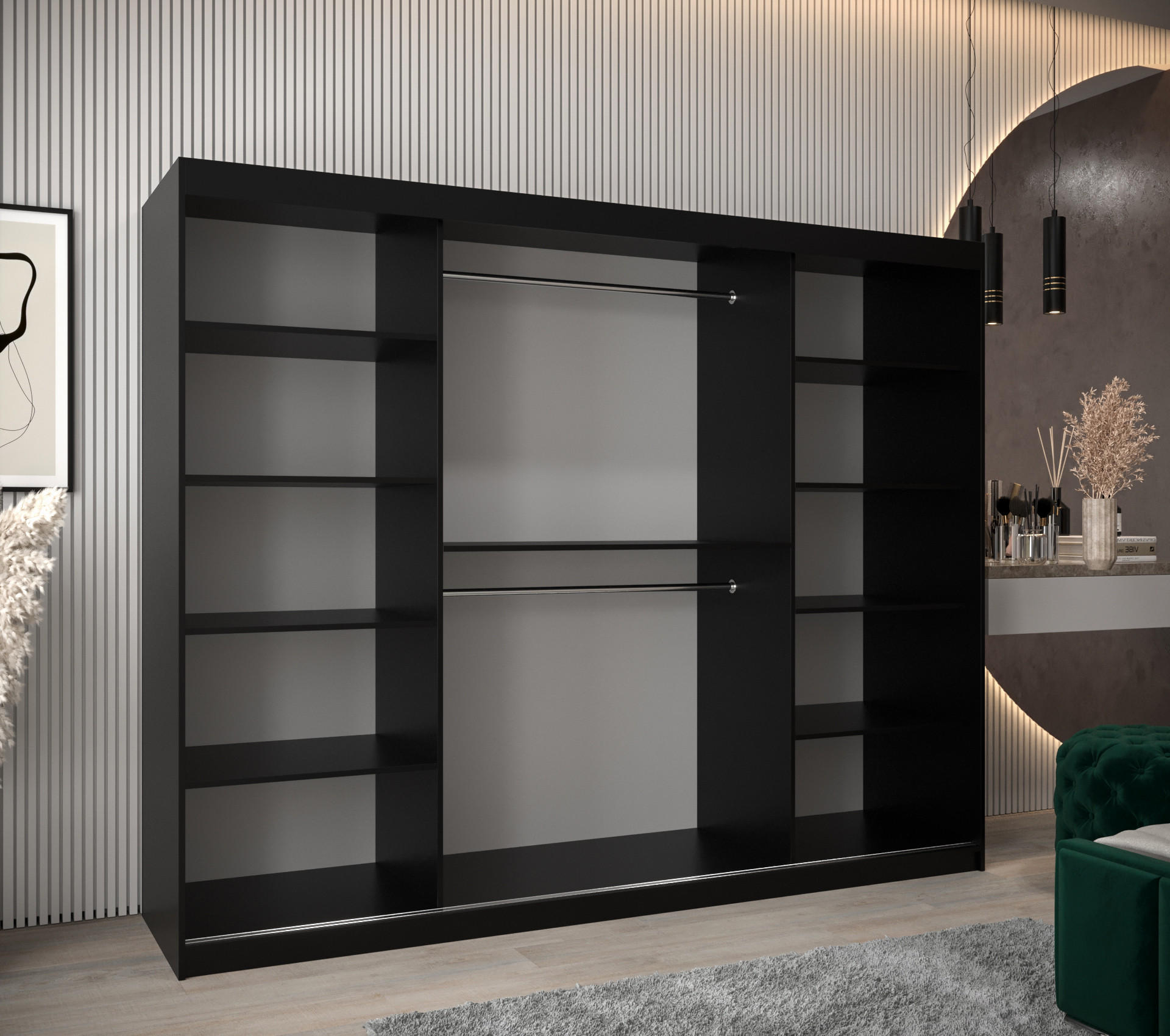 Thumbnail - Abiks Möbel Schwebetürenschrank, Schwarz, Weiß, Silber, Kunststoff, Nachbildung, 9 Fächer, 250x200x62 cm, Schlafzimmer, ...