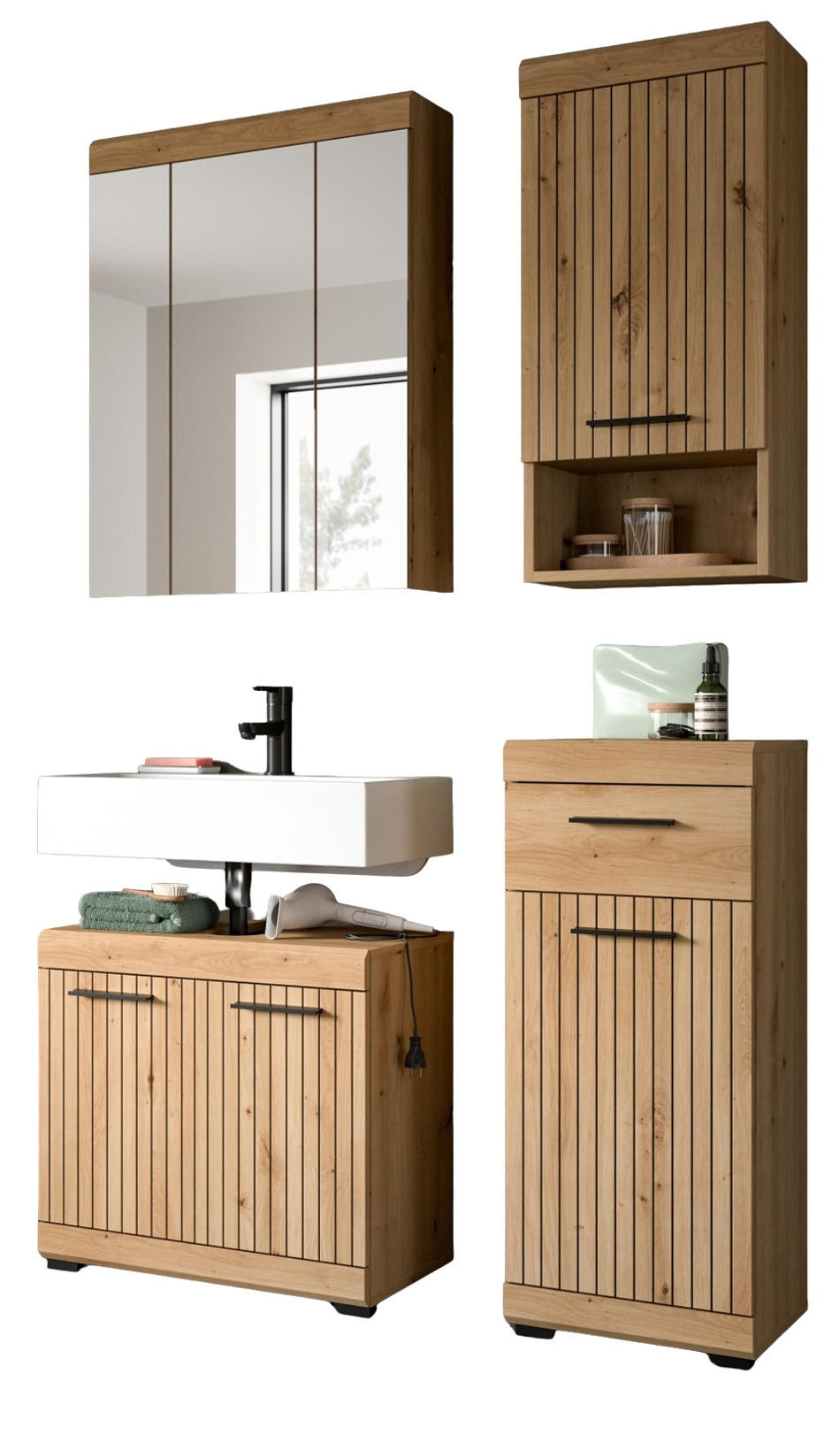 BADMÖBEL-SET 4-teilig Eiche Artisan 112 x 191 cm, Badkombination modernes Design - Schwarz/Eiche Artisan, Glas/Holzwerkstoff (112/191/34cm) - Inn.Furn