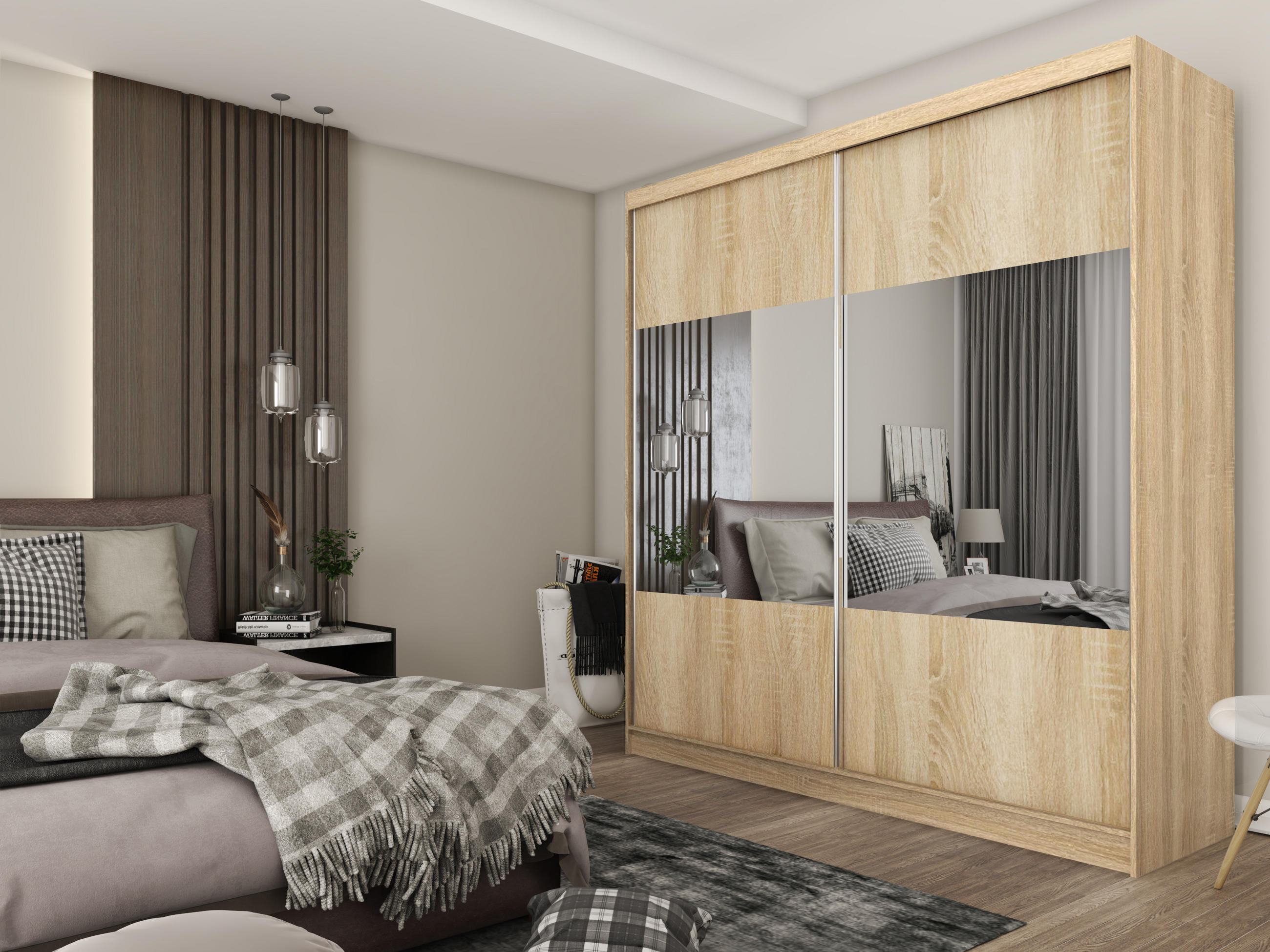 KLEIDERSCHRANK mit Spiegel-Schiebetüren und Aluminium-Leisten, LED-Beleuchtung - CELI - 200 cm Sonoma - Sonoma Eiche, Holzwerkstoff (200/216/61cm) - ALTDECOR