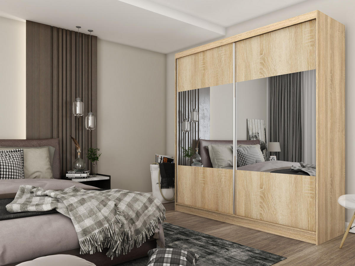KLEIDERSCHRANK mit Spiegel-Schiebetüren und Aluminium-Leisten, LED-Beleuchtung - CELI - 200 cm Sonoma - Sonoma Eiche, Holzwerkstoff (200/216/61cm) - ALTDECOR