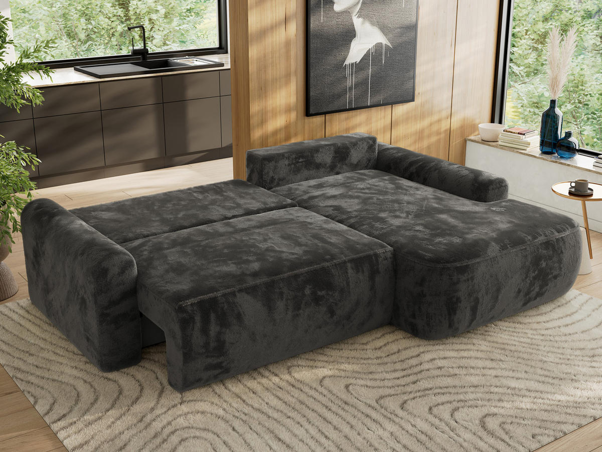 ECKSCHLAFSOFA CUBO L Dunkelgrau Plüsch - rechts - Dunkelgrau/Schwarz, Kunststoff/Textil (187/273cm) - MKS