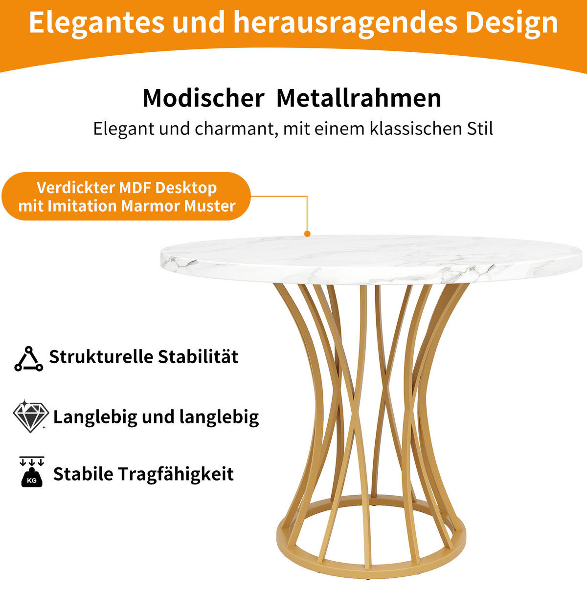 ESSTISCH, MDF-Marmoroptik mit Metallgestell, 80/80/76 cm, Goldfarben - Goldfarben, Holzwerkstoff (80/80/76cm) - Redom