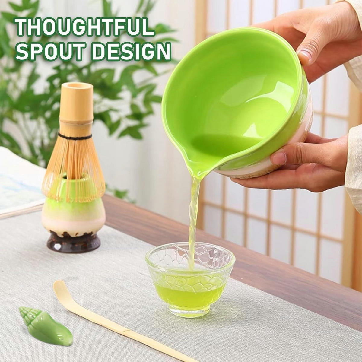 MATCHA Tee Set 9-teiliges Set mit Matcha Besen und Schale - Grün, Keramik (14/7/30cm)
