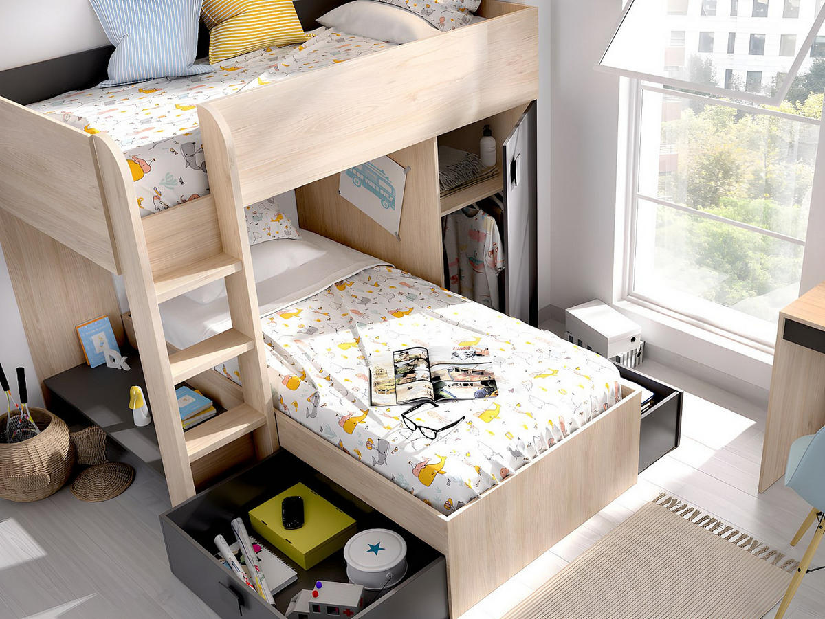 ETAGENBETT - 2 -Sitzer - Holzspan - anthrazitgrau, naturfarben hell - RICARDO - Anthrazit, Holz (111/255cm) - Vente-Unique