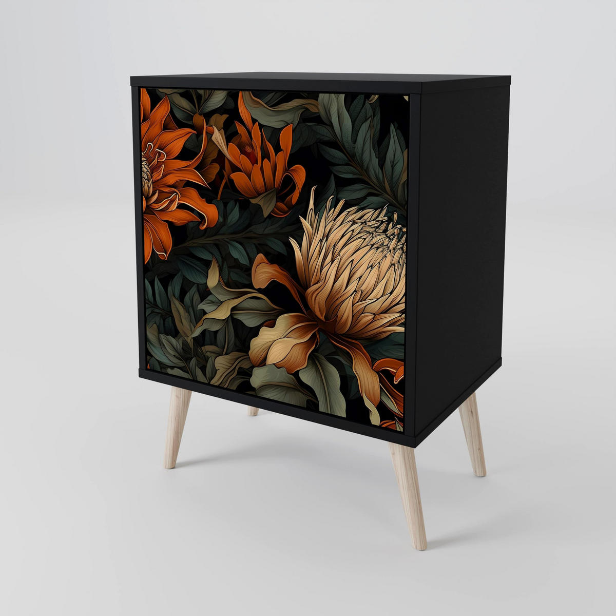 SIDEBOARD DAWN BLOOM, Schwarz, 57,5x42x75,5 cm, Goldfarbene Metallfüße - Goldfarben/Multicolor, Holzwerkstoff/Metall (57.5/75.5/42cm) - SpaceRebels