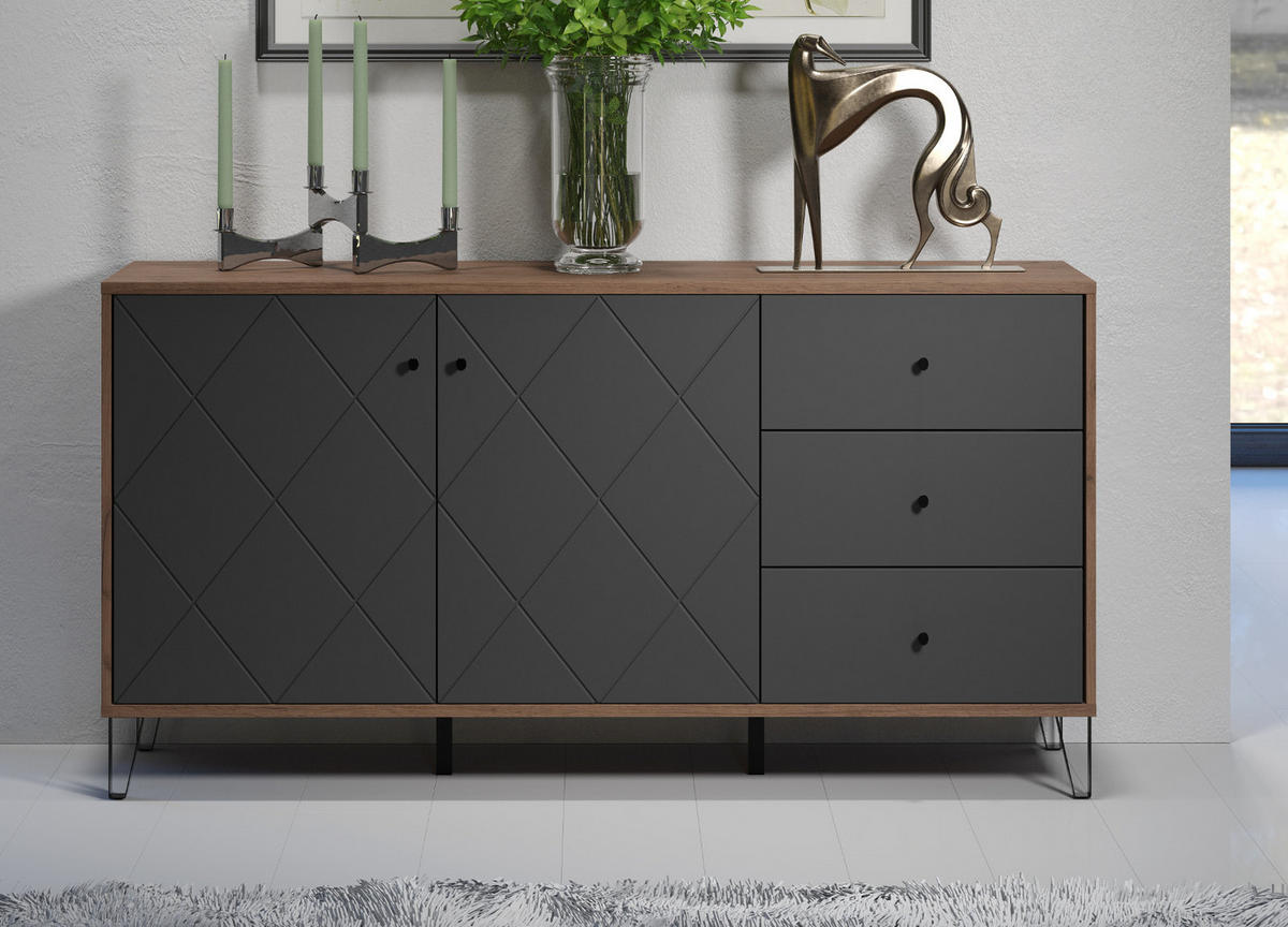SIDEBOARD Graphite grau, Eiche Kraft Gold 183 x 76 cm, Kommode mit Soft-Close - Eichefarben/Schwarz, Holzwerkstoff/Kunststoff (183/76/40cm) - Top.Furn
