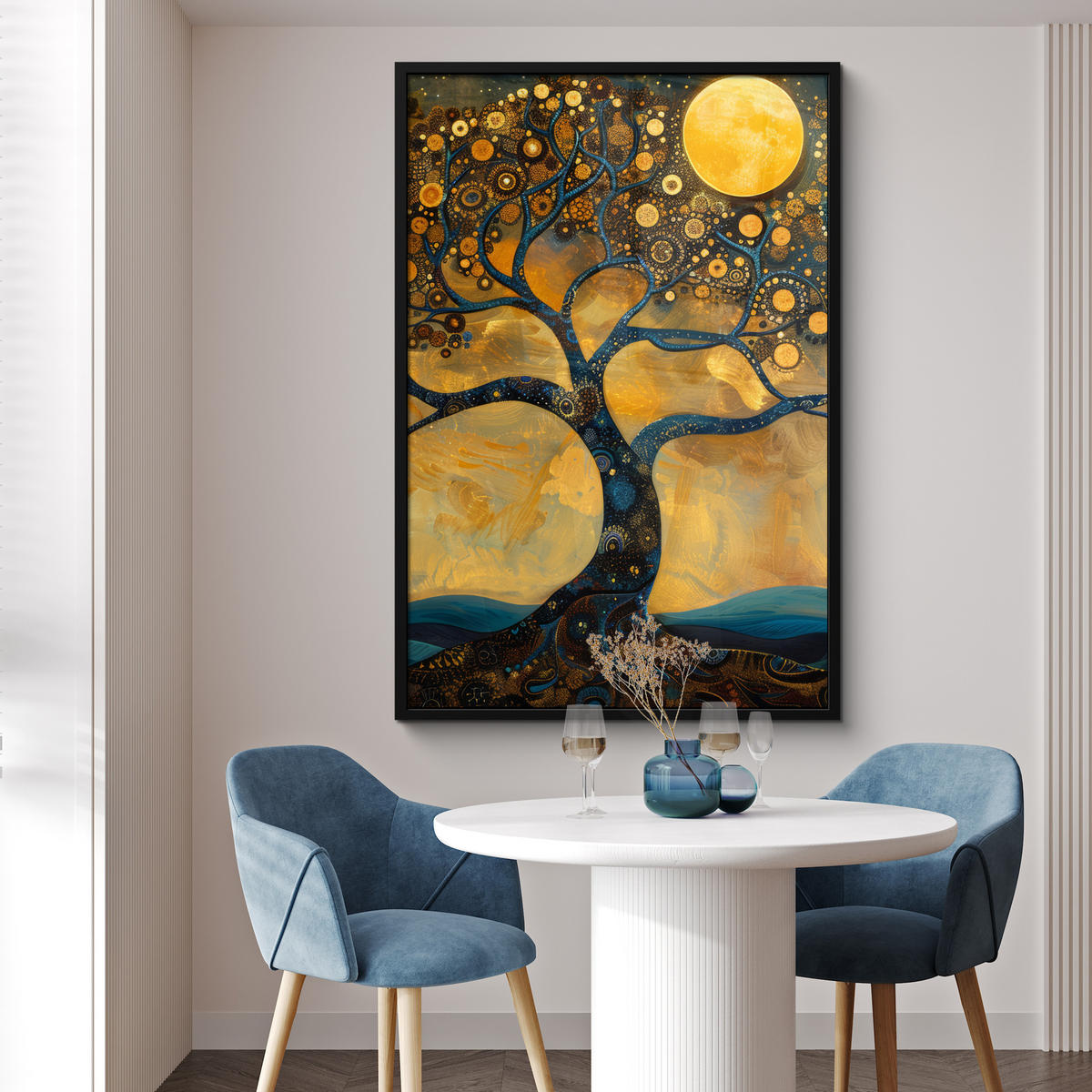 GERAHMTES BILD Baum - Mond - Blumen - Gold - Kunst 80x120 cm - Orange, Papier (80/120cm) - MuchoWow