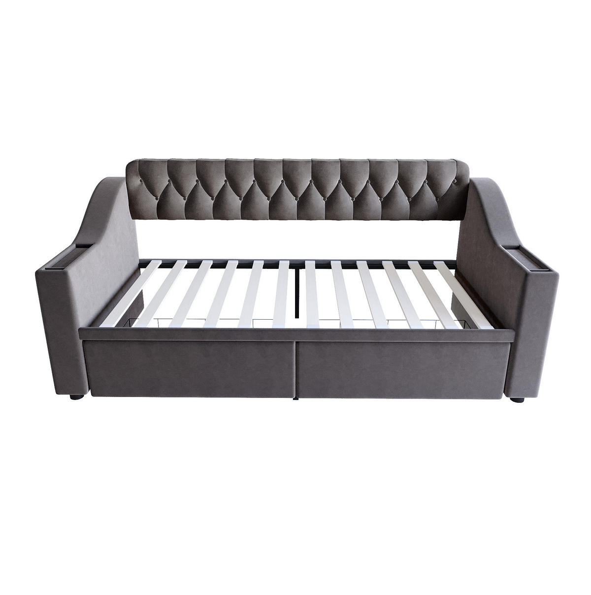 POLSTERBETT aus Samt 90x190 cm Dunkelgrau mit USB- und Typ-C-Anschluss, Stauraumarmlehnen und 2 Schubladen - Grau, Textil (90/190cm) - Modfu