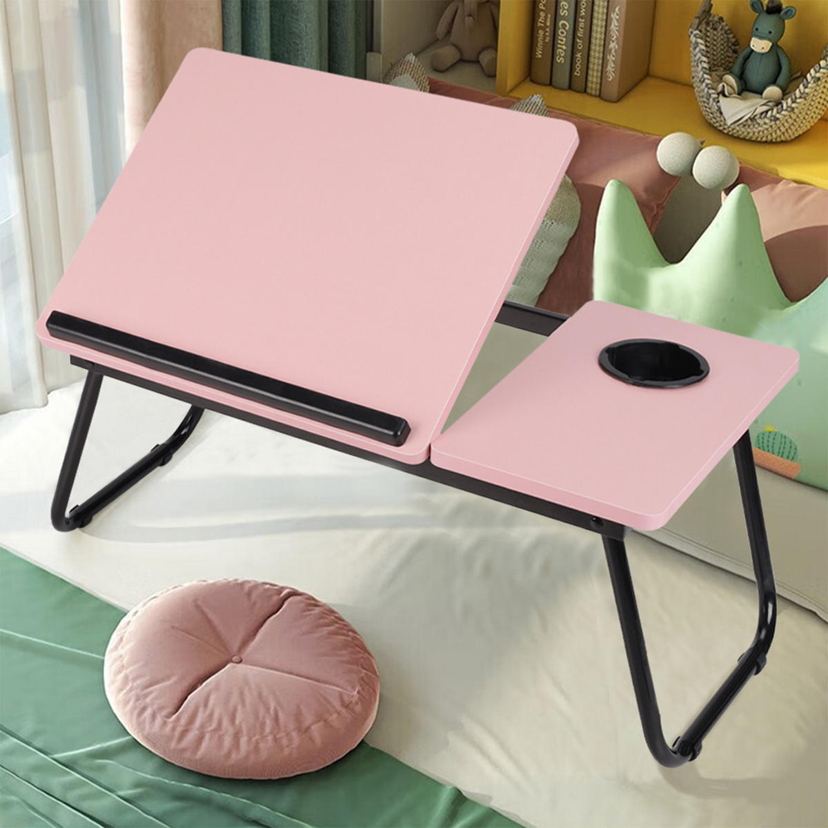 LAPTOP-BETTTISCH mit Getränkehalter Verstellbarer, klappbarer– Rosa mit 5-fach Neigungsverstellung Becherhalter 56x32,5x24 cm - Pink, Metall (32.5/56/24cm) - Livingandhome