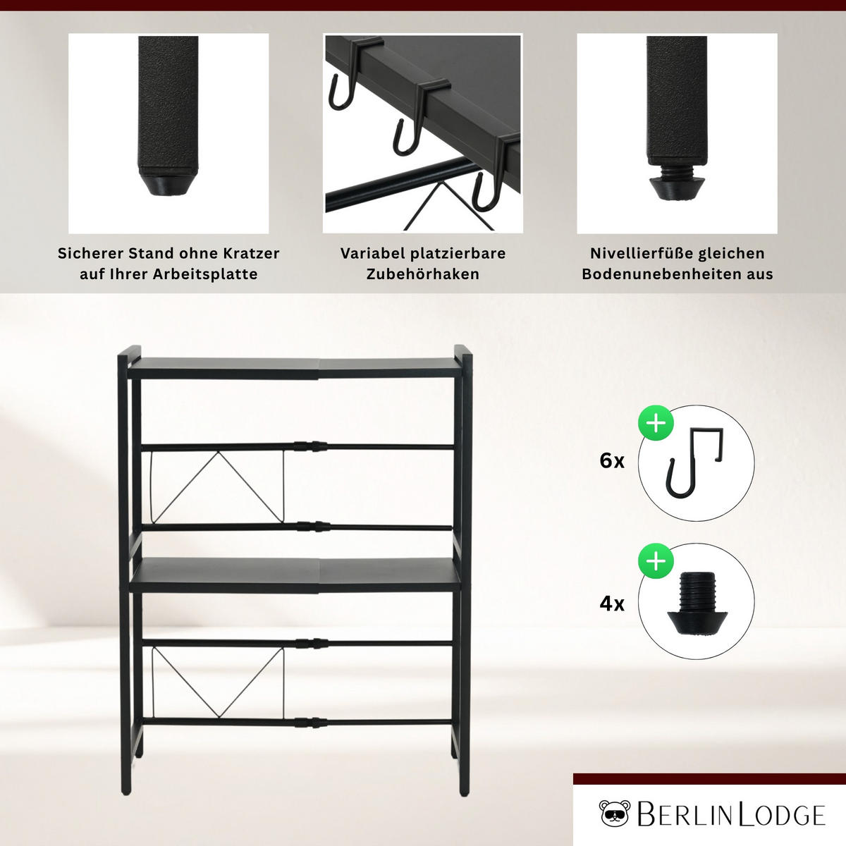 VERSTELLBARES Mikrowellenregal NEXO mit Ablagefläche 3-Stufig HxBxT 80x40-60x36 cm Ausziehbar zwischen 40-60cm Metall Schwarz - Schwarz, Metall (60/80/36cm) - BERLINLODGE