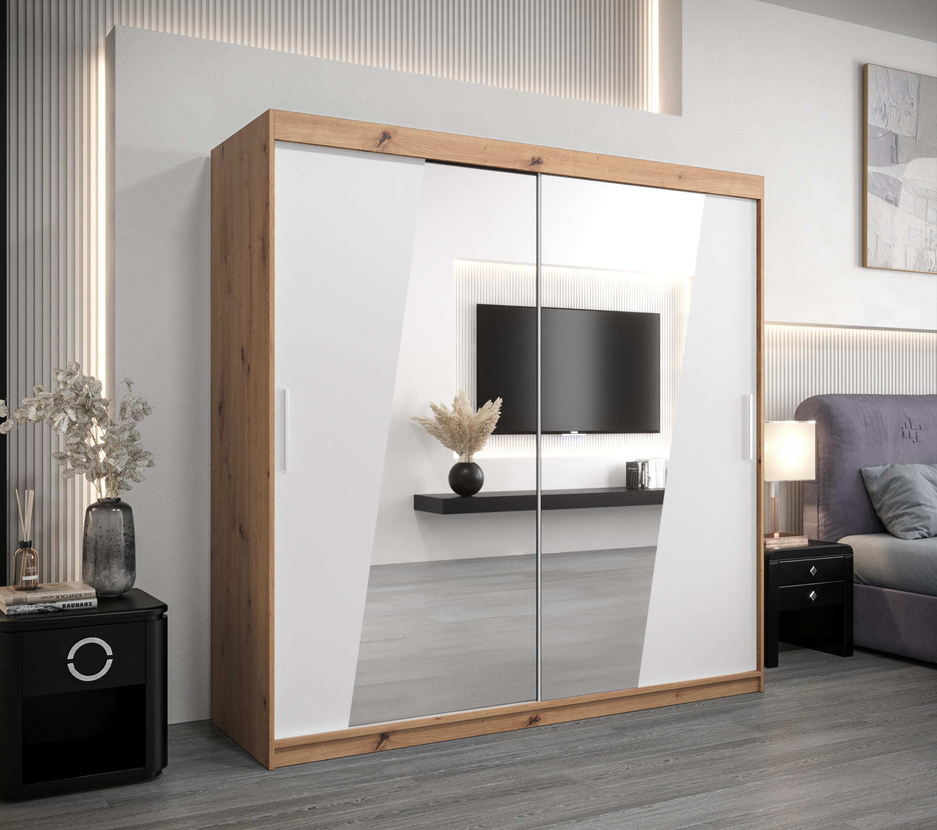 SCHWEBETÜRENSCHRANK 200/200/62 2-türig - Silberfarben/Weiß, Holz/Kunststoff (200/200/62cm) - Abiks Möbel