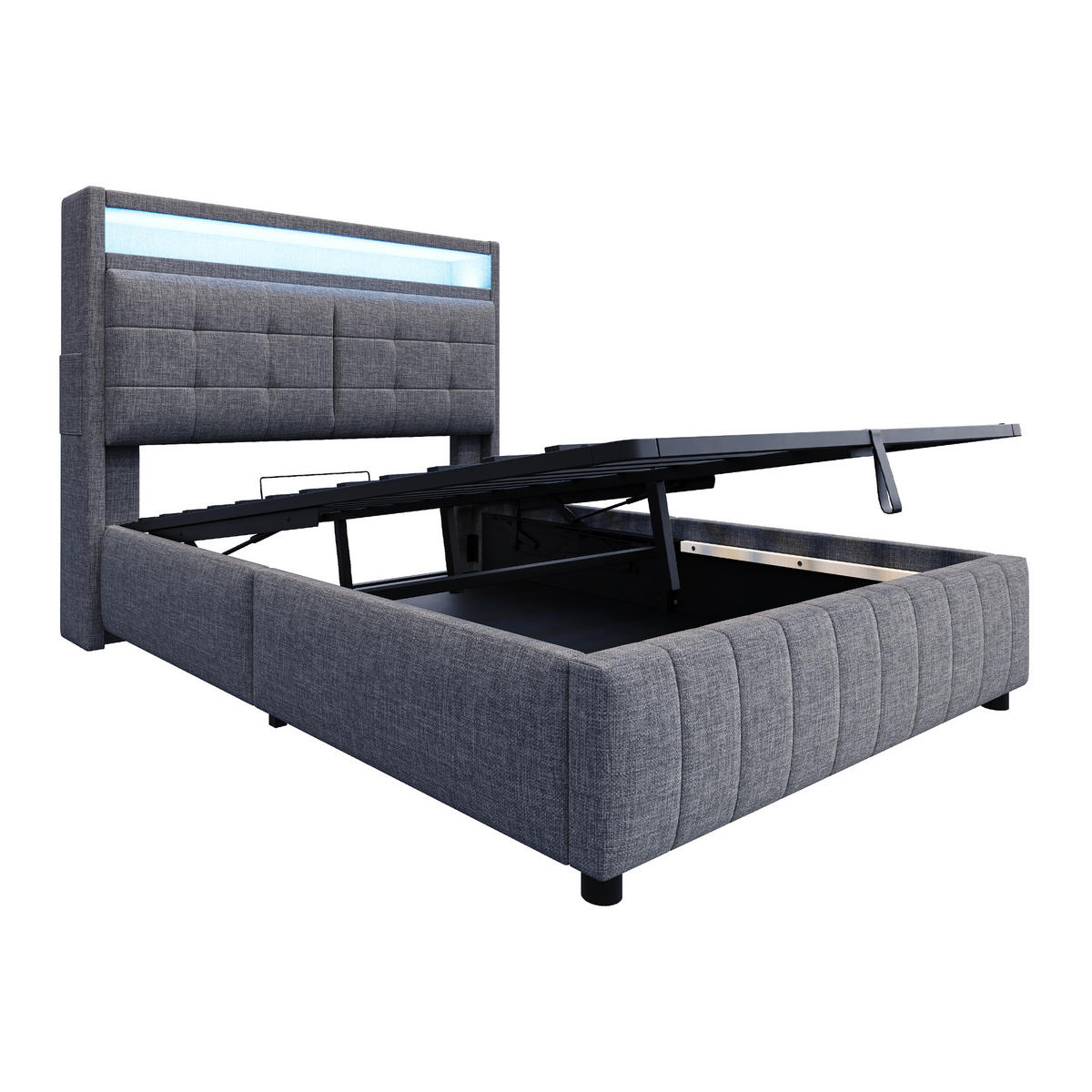 POLSTERBETT 140/200 cm in Grau Leinenstoff mit Stauraum, LED und USB - Grau, Holzwerkstoff/Textil (140/200cm) - WISHDOR