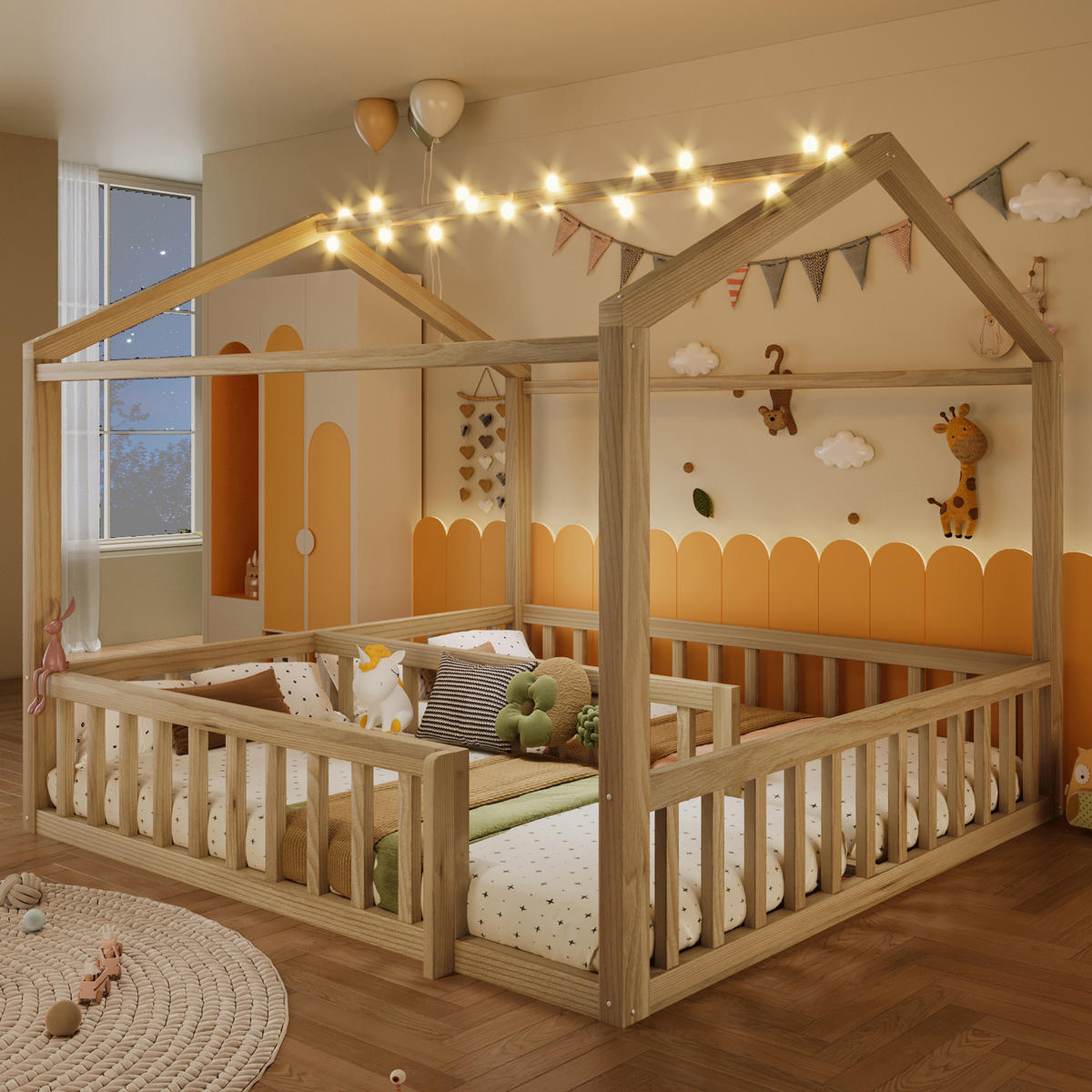 KINDERBETT 90/190 cm & 180/190 cm in Natur mit LED und Gitter Kiefernholz Hausbett - Naturfarben, Holzwerkstoff (90/190cm) - STILVORA