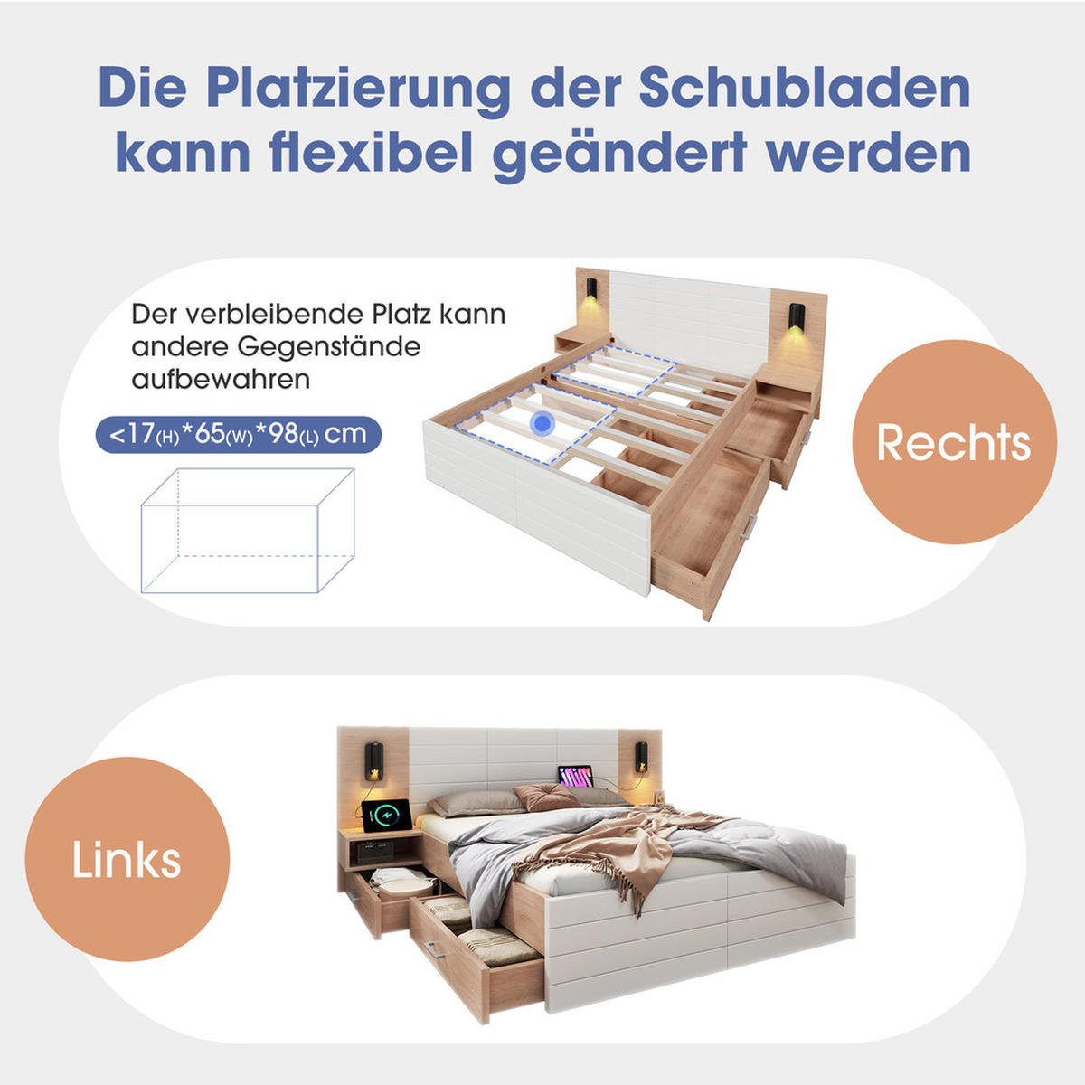 DOPPELBETT 160x200cm Holzbett Leselicht USB-Ladung 2 Schubladen Eiche-Weiß - Weiß, Holz (160/200cm) - FLIEKS