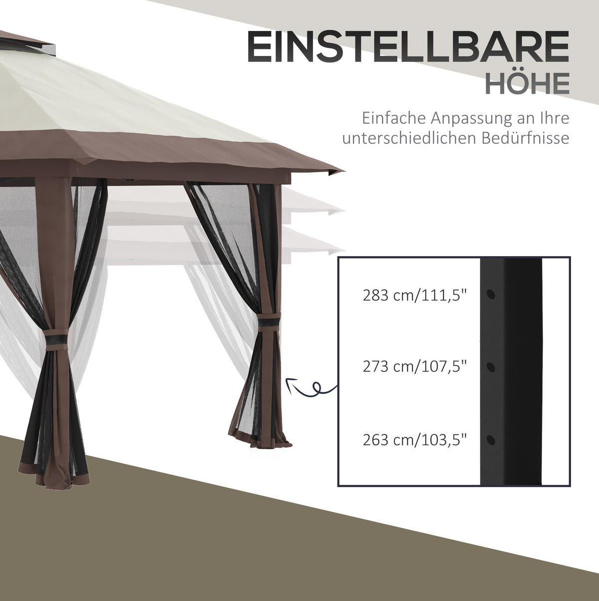 FALTPAVILLON 392/392/283 cm höhenverstellbar mit UV50+ und wasserfestem Dach, Beige - Beige, Textil (392/283/392cm) - Redom