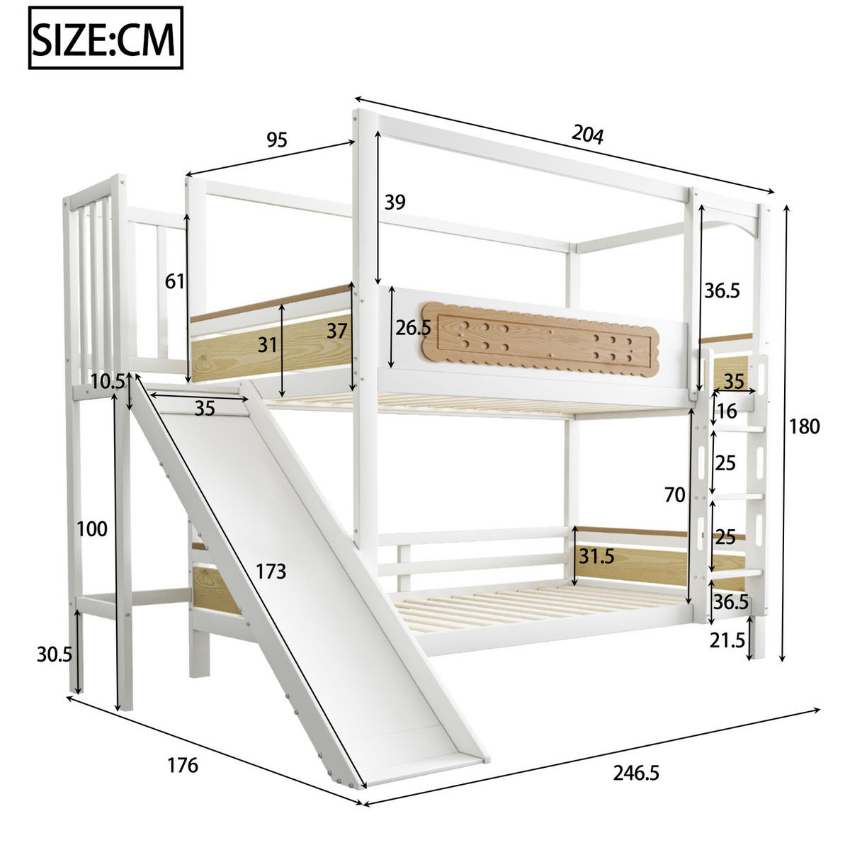ETAGENBETT mit Rutsche und Leiter 90x200 cm Holz Weiß und Natur - Weiß, Holzwerkstoff (90/200cm) - Beauniv