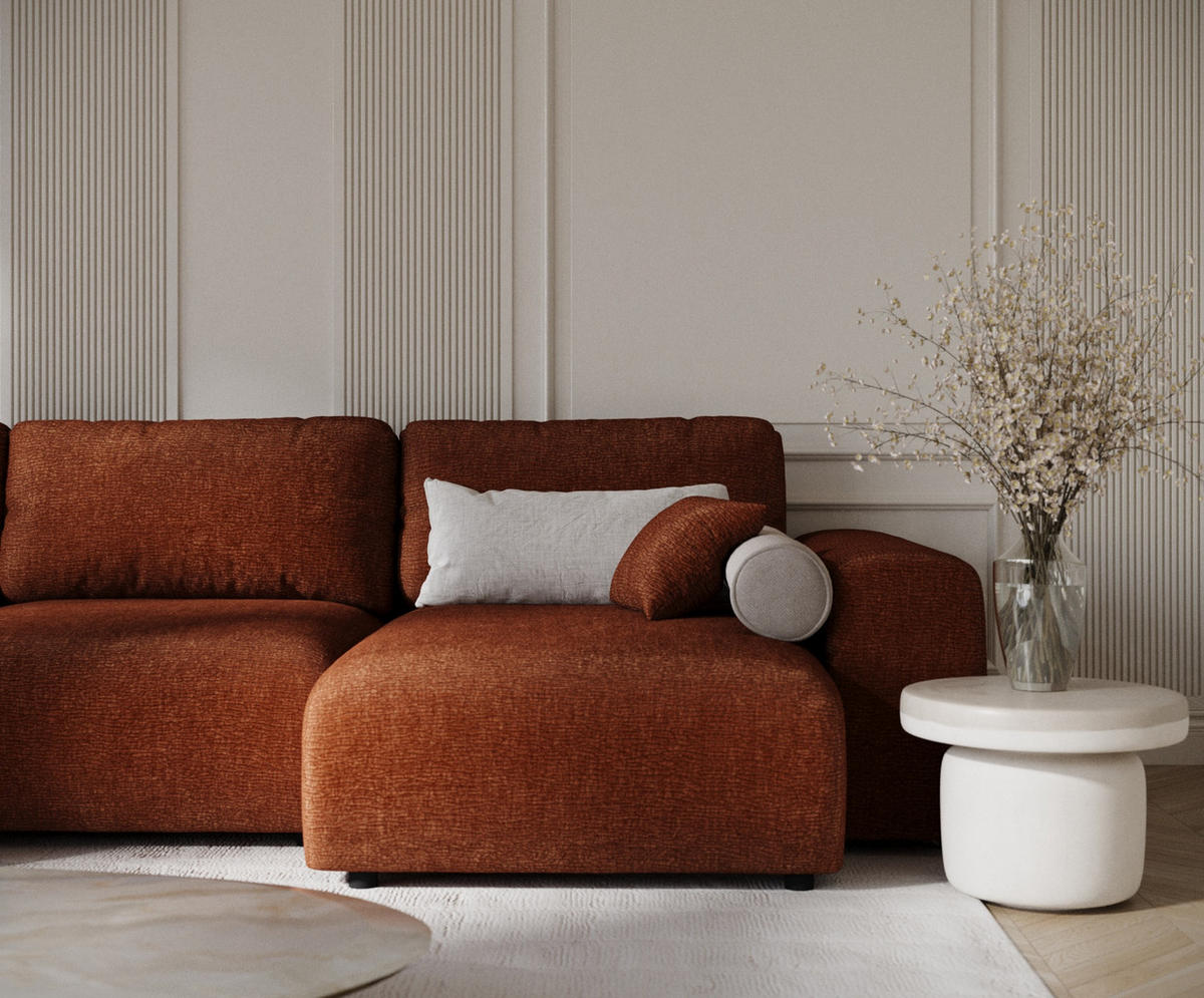PANORAMASOFA Zanzibar Dunkelorange Chenille - Dunkelorange/Schwarz, Holz/Holzwerkstoff (325/79/144cm) - Maison de Reve