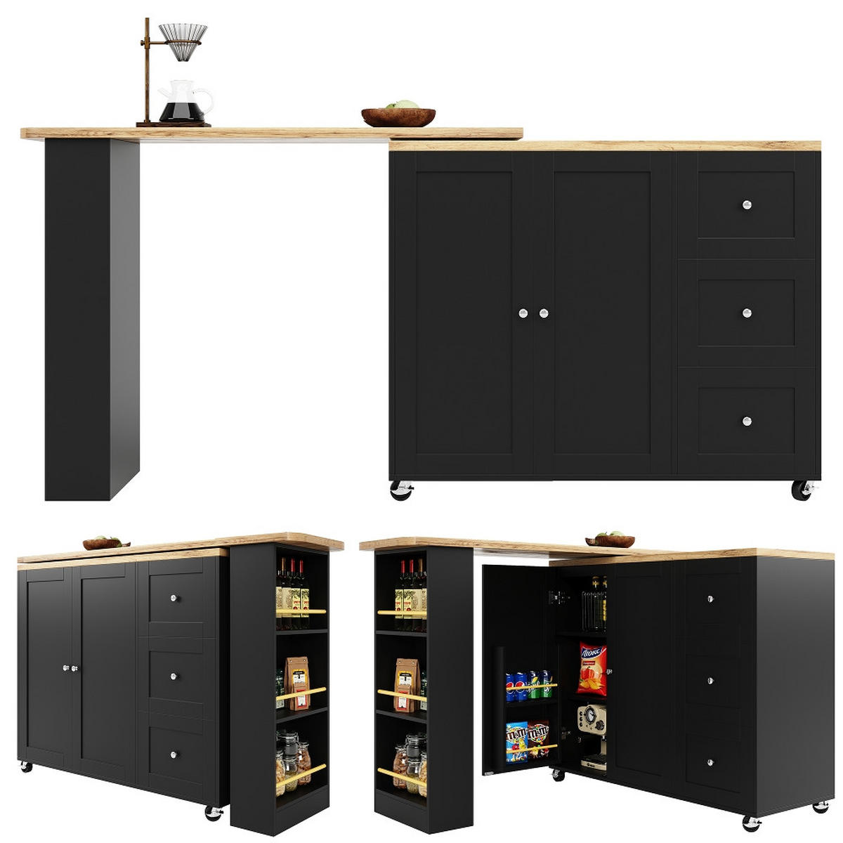 KÜCHENINSEL STEHTISCH 360° drehbar, Kücheninsel auf Rollen, MDF Schwarz, mit 3 Schubladen, 203/39/106 cm - Schwarz, Kunststoff (39/106/203cm) - Rolipo