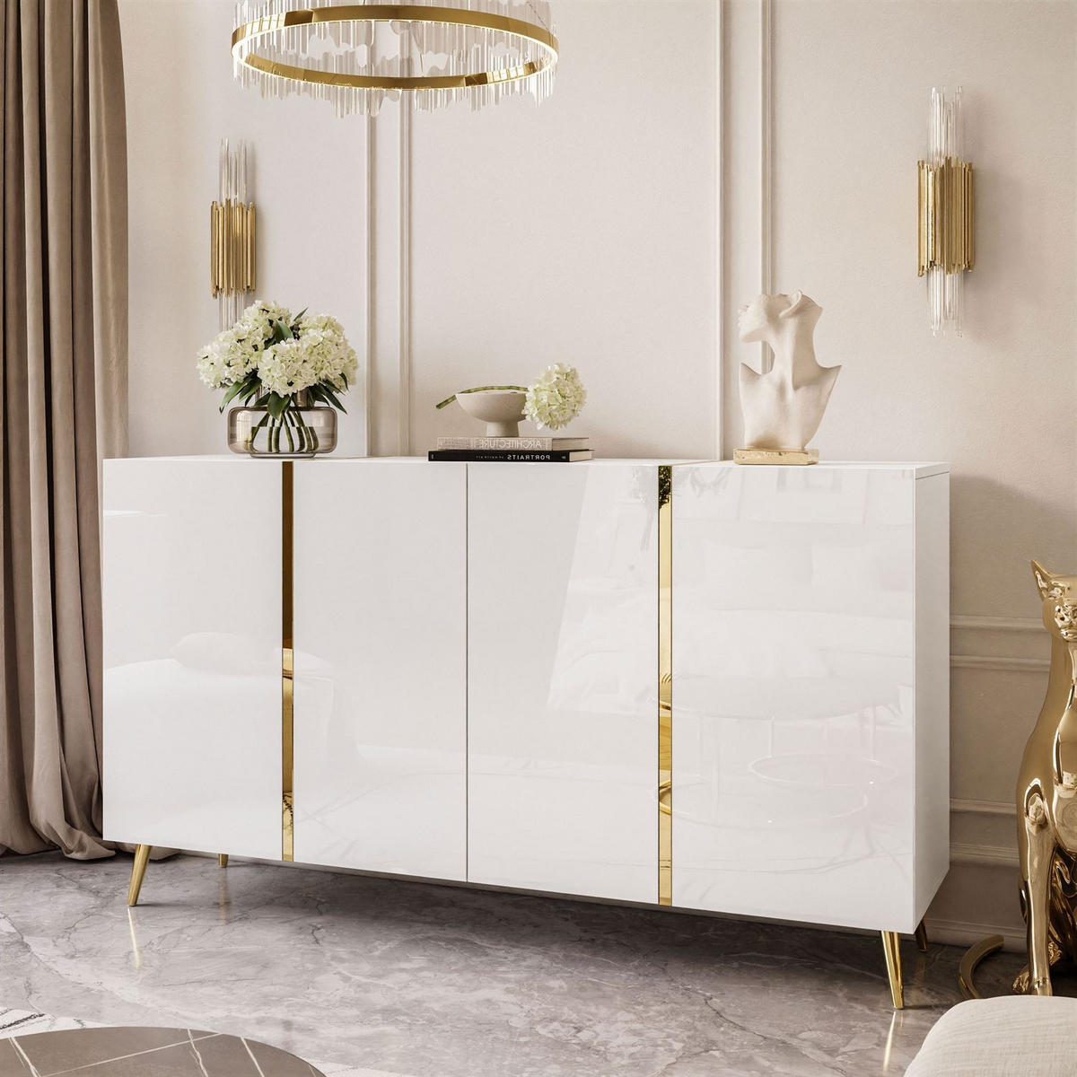 SIDEBOARD ONYX 4T 158 CM AUF GOLDENEN BEINEN PUSH OPEN - Weiß, Holzwerkstoff (158/88/41cm) - Lookway