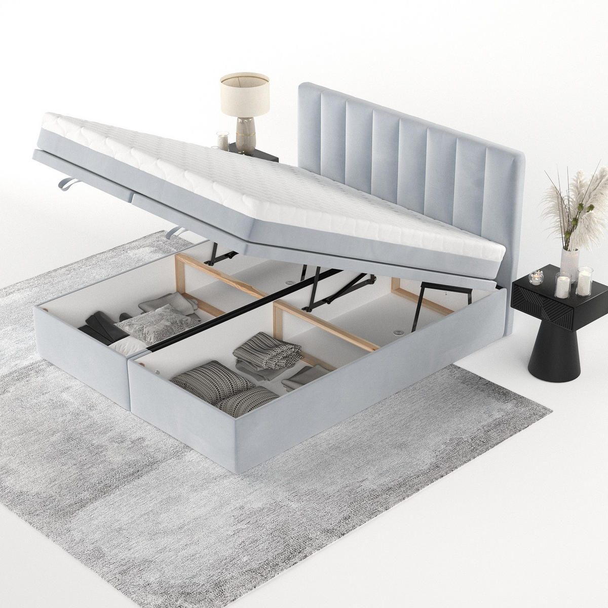 BOXBETT Lume 180/200 cm Hellgrau im Paros Stoff - Hellgrau/Schwarz, Holz/Holzwerkstoff (180/200cm) - AltaBeds
