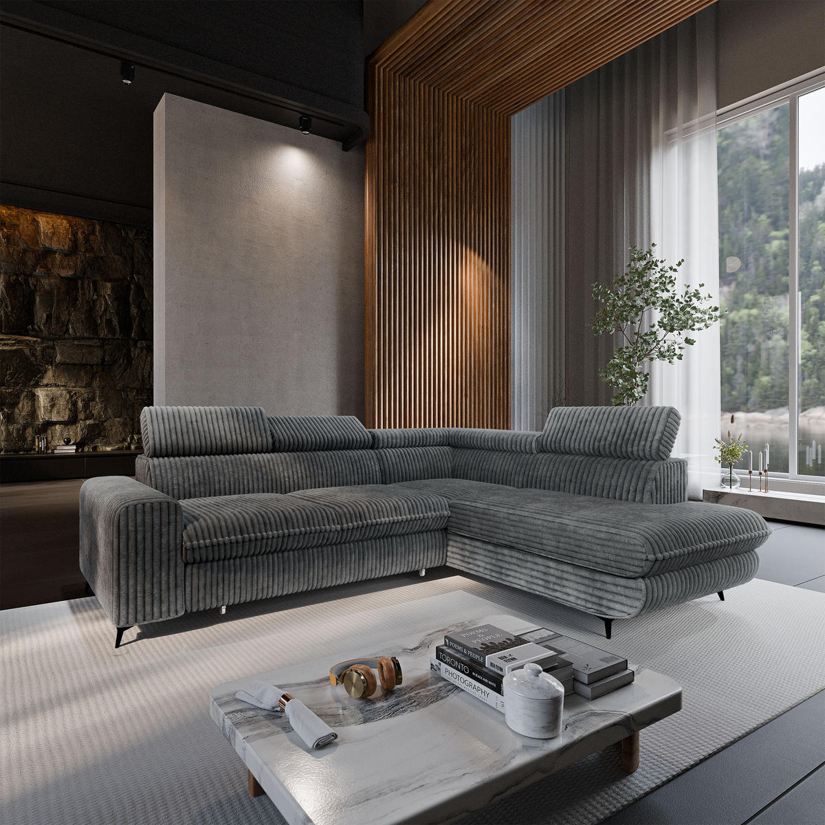 ECKSOFA VELISS Grau Kordstoff mit Schlaffunktion - Grau, Holz (255/193cm) - MASSENO